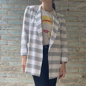 Vintage 80s Blazer Grey White Striped Double Breasted Oversized New Wave Jacket